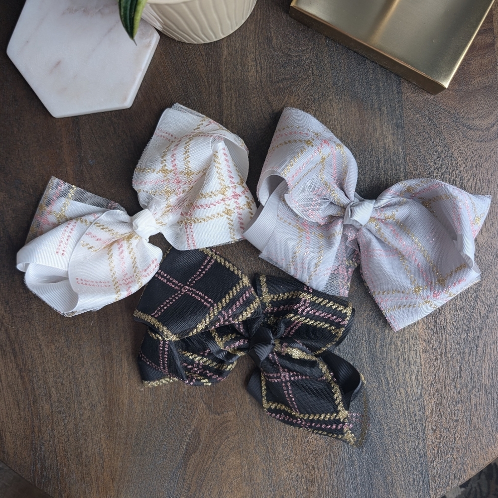 White, Gray, Black Hair Bow Clips Pink Gold Plaid Glitter